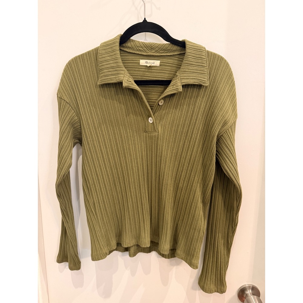 Madewell Ribbed Polo Long Sleeve Top XXS Olive Green Earthy Minimalist‎